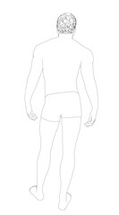 A man stands with his back to the viewer, wearing only underpants in a black contour drawing on a plain white background.