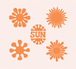 Abstract bold sun icon, shape, symbol, logo. Flat bohemian designs set.v Suns with rays