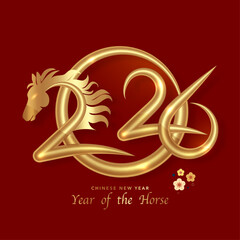 2026 Chinese New Year in red background. Year of the Horse. Vector modern art gold numbers design for cover, card, poster, banner, logo zodiac sign. Golden luxury template