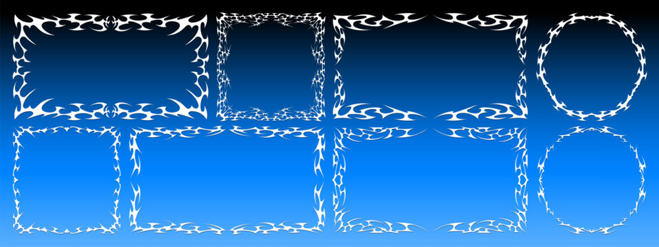 Neo tribal frame shapes set. Spiked symmetrical borders in circle, square and rectangle formats for poster, print, or digital design. Vector collection