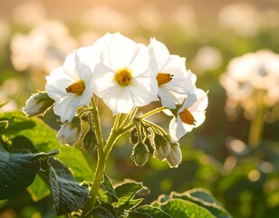 White potato flowers in sunlight