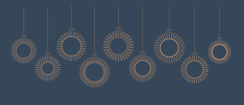 Luxury elegant line hanging Christmas bauble, toy, ball elements for greeting card, poster, cover. Merry Christmas, Happy new Year vetor banner