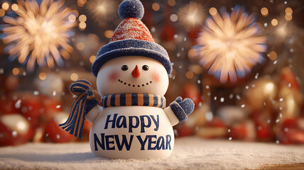 Winter holiday cheer. Snowman beside happy new year text and sparkles.