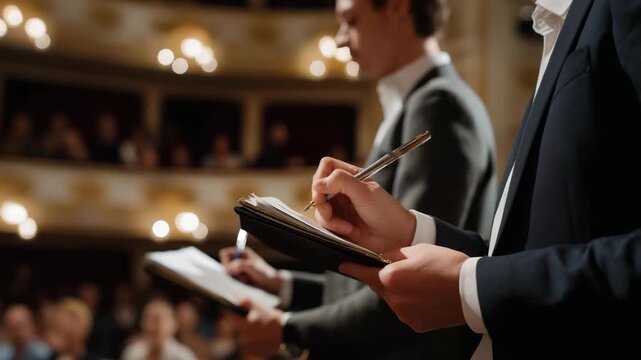 Close-up of judges&rsquo; hands holding scorecards and pens while audience watches performers on stage, highlighting jury assessment, professional feedback, entertainment evaluation, and competitive show