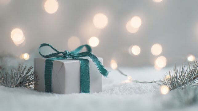 White gift box with green ribbon on snow surrounded by pine twigs and glowing bokeh lights - Powered by Adobe