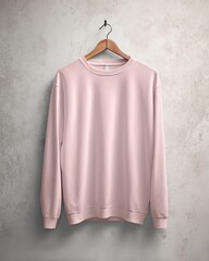 Realistic mockup of a soft pink sweatshirt hanging on a hanger against a neutral wall background, perfect for clothing brand presentations, apparel print mockups, and online shop product displays.