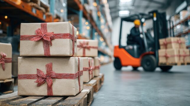 Warehouse worker operating forklift transporting wrapped gift boxes on pallets in distribution center
