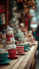 Happy new year shopping. Snowman surrounded by gifts at festive market stand.
