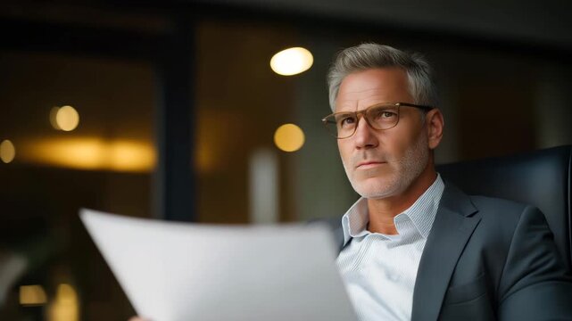 Corporate president sitting at executive desk reviewing quarterly reports, emotion of focus and determination visible, symbolizing strategic leadership, business growth planning, and