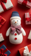 Holiday shopping. Snowman with wrapped gifts on red festive backdrop.