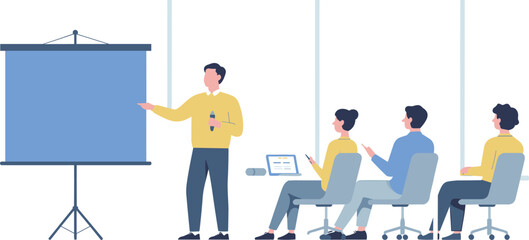 Obraz premium Minimalist illustration of business presentation scene with speaker, projector screen, and audience team in corporate meeting or training session