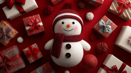 Christmas shopping. Snowman surrounded by gift boxes on red festive background.