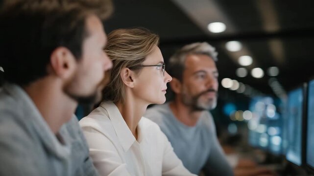 Cybersecurity team reacting to multiple virus alerts on large monitoring screens, symbolizing proactive network protection, threat analysis, and emergency response in corporate IT environments.
