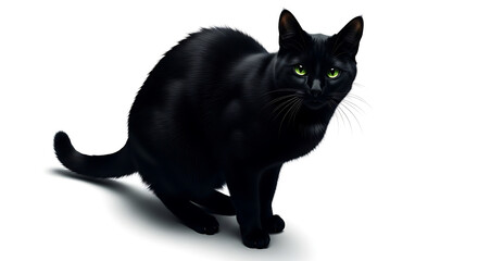 A sleek black cat with striking green eyes poised on a white background looking directly forward intently ai generated
