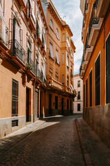 Traditional architecture lining a narrow cobblestone street in the old city of Cordoba, Andalucia, Spain, catching sunlight and shadow