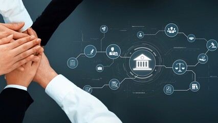 A united team collaborates over shared goals, symbolized by hands joining together against a background of digital icons representing technology and law. Raster