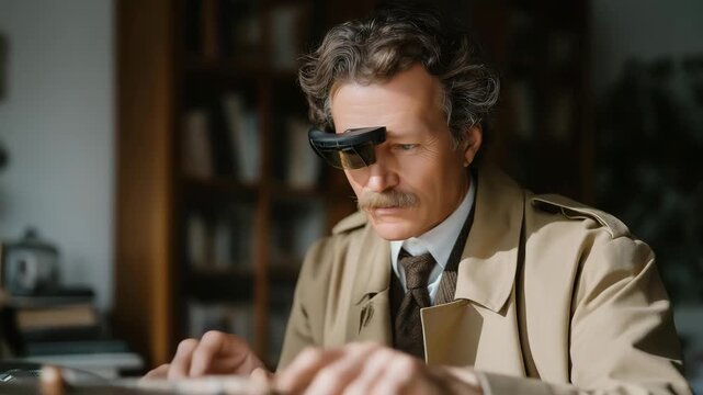 Detective wearing augmented reality headset analyzing fingerprints and digital clues, symbolizing precision crime analysis, smart data integration, and advanced forensic investigation. cinematic