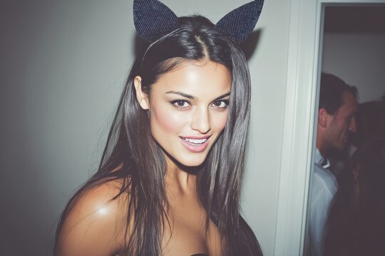 A smiling woman with long dark hair wears a playful cat-ear headband, exuding confidence and charm at a social gathering.