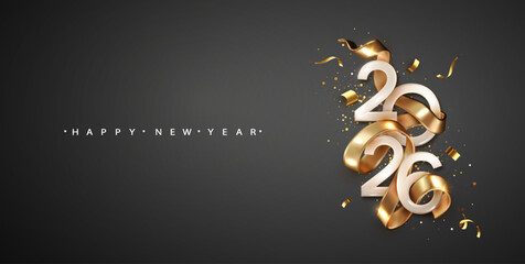 Celebrations 2026 Happy New Year with golden realistic ribbon on black background. Christmas holiday illustration.