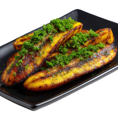Grilled plantains with parsley png food png tropical png snack png sweet png cuisine png roasted png plate png banana png dessert png transparent background image