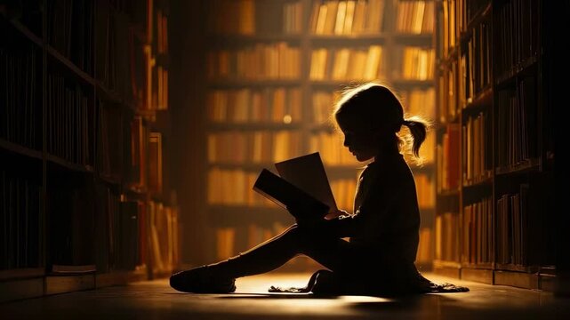 A young child silhouetted by warm backlighting sits on the floor of a library aisle engrossed in a book Bookshelves filled with books create a glowing atmospheric background