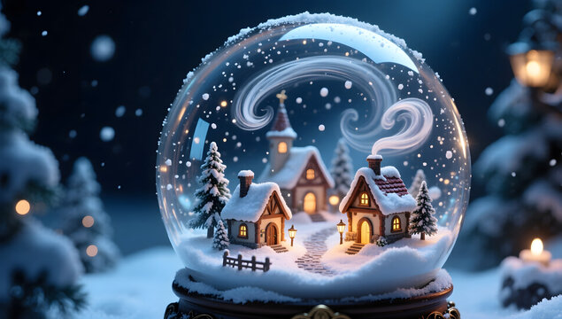A magical snow globe with a tiny village inside snow swirling cinematic lighting highly detailed fantasy scene.