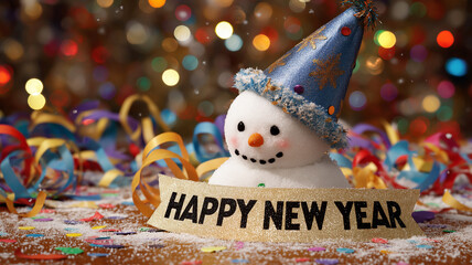 Snowman smiling under falling confetti and bright lights. Happy New Year