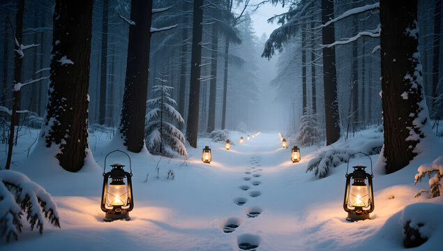 A snow covered forest path lit by lanterns footprints in the snow cinematic highly detailed. - Powered by Adobe