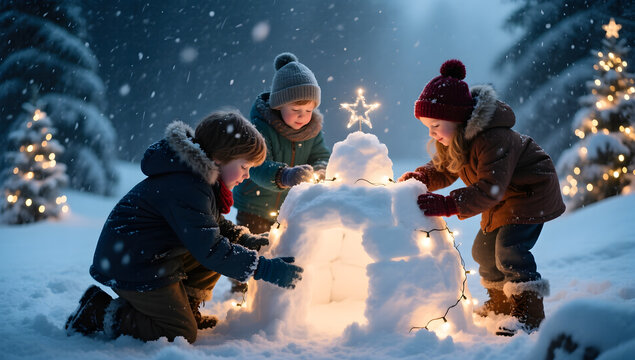 Children building a snow fort magical twinkling lights cinematic snowstorm atmosphere ultra detailed. - Powered by Adobe