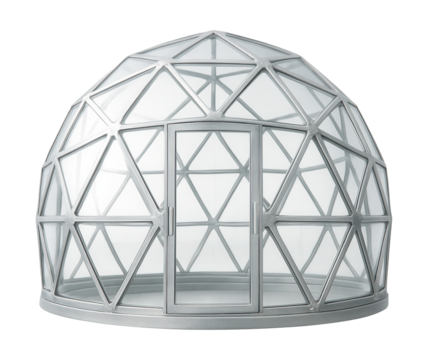 Geodesic dome greenhouse with triangular glass panels for modern experimental gardening.