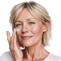 Mature woman with short blonde hair png portrait png female png adult png smiling png fashion png beauty png model png person png lifestyle png transparent background image