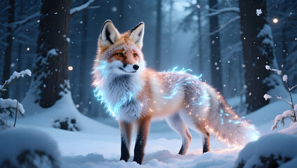 Enchanted snow fox with glowing fur in a snowy forest cinematic magical lighting ultra detailed.