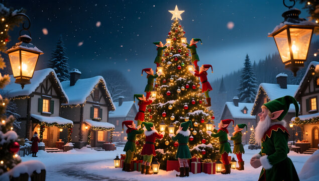 Elves decorating an enormous Christmas tree in a snowy village square glowing lanterns cinematic festive atmosphere.