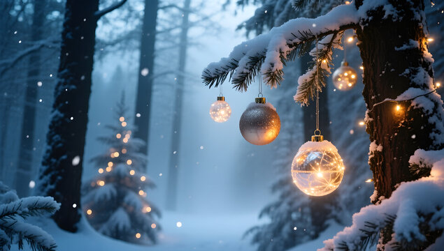 Magical forest with glowing Christmas ornaments hanging from snow covered trees mist and sparkling snow cinematic lighting.