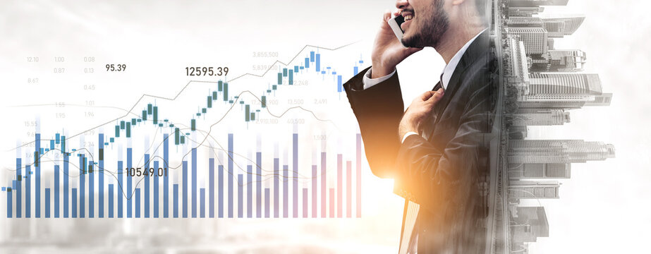 A confident businessman engages in a phone conversation, with a backdrop of financial growth charts and a modern building, symbolizing business success and investment strategies. Scalp