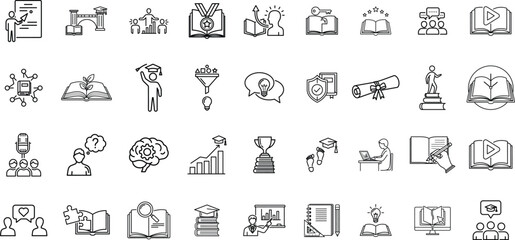 Fototapeta premium Collection of hand drawn outline icons representing various educational and learning concepts isolated on transparent background