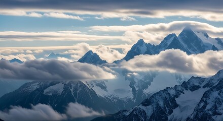 Fototapeta premium Snowy Mountains with Cloudscape, and Sunrise.