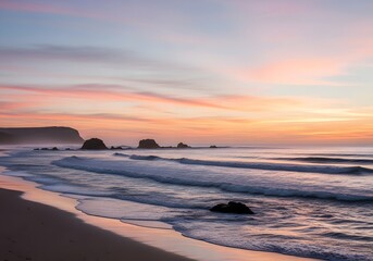 Pastel sunset over rocky shoreline with gentle waves and smooth wet sand