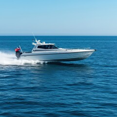 Dynamic perspective shot of a specialized high-speed boom craft skimming across choppy blue water, emphasizing power and modern design ,specialized ,design ,abstract