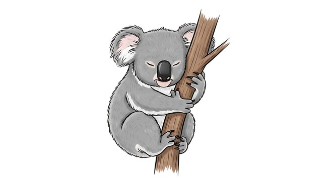 Adorable Cartoon Koala Sleeping Soundly on Tree Branch, Isolated Illustration