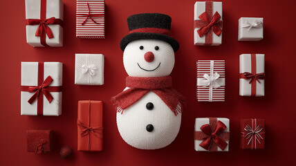 Snowman surrounded by festive gift packages and bows.