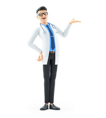 3d cartoon doctor showing something with his hand