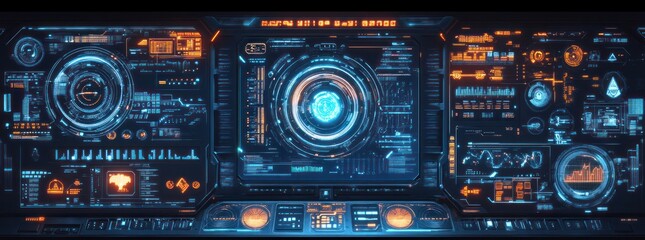 Obraz premium Futuristic HUD displaying cyberpunk inspired interfaces, glowing lines, and intricate designs that demonstrate science virtual.