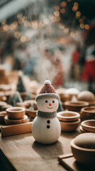 New year fun. Snowman with hat and scarf near market gifts and ornaments.