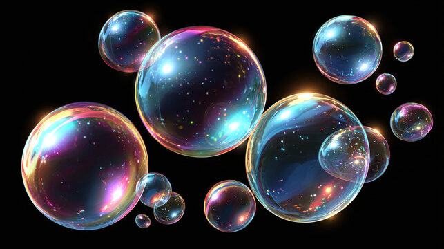 A cluster of iridescent soap bubbles floating gracefully, reflecting light and color. Their spherical shapes create a mesmerizing visual spectacle.