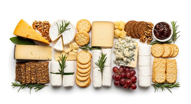 Artfully Arranged Cheese Platter with Brie, Blue Cheese, Goat Cheese, Crackers, Grapes, Walnuts, Jam, and Rosemary