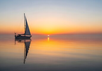 Sailboat reflection at tranquil sunset over smooth sea with soft golden horizon