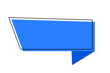Blue geometric speech bubble banner with black outline and shadow for chat box, announcement label, and modern graphic design