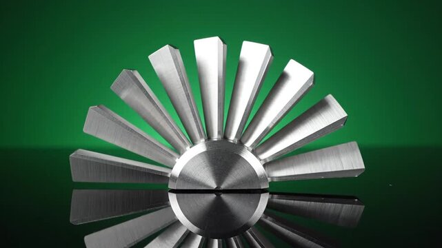 Close-up of a metallic turbine fan blade assembly with a green background.
