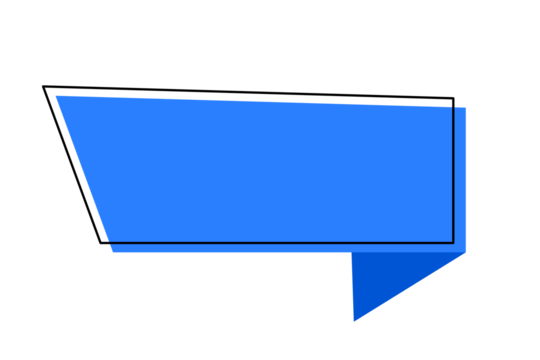 Blue geometric speech bubble banner with black outline and shadow for chat box, announcement label, and modern graphic design